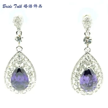 

Rhinestone Crystals Dangle Flower Pierced Earring W/ Drop Purple Zircon 20581