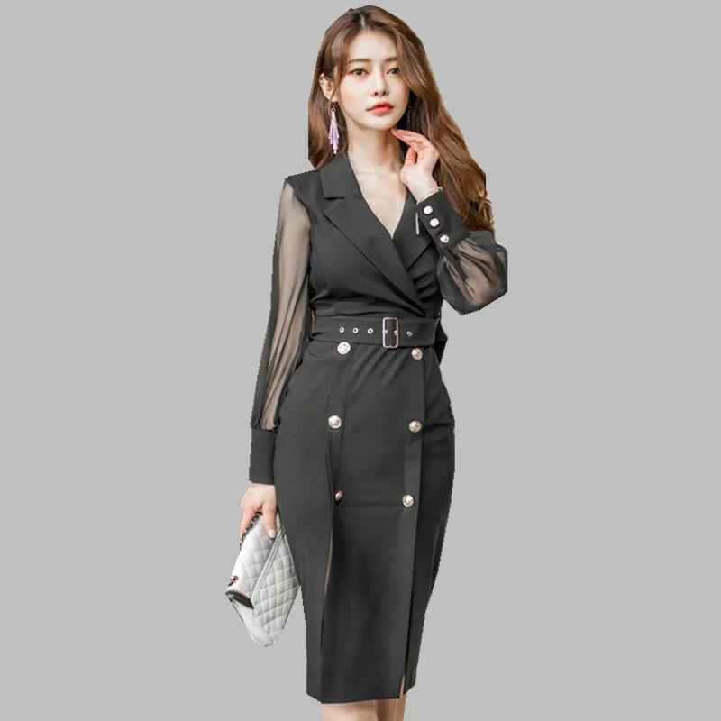 

HAMALIEL Formal Spring Double Breasted Sheath OL Dress Women Black Mesh Patchwork Notched Bodycon Dress Slim Pencil Split Dress