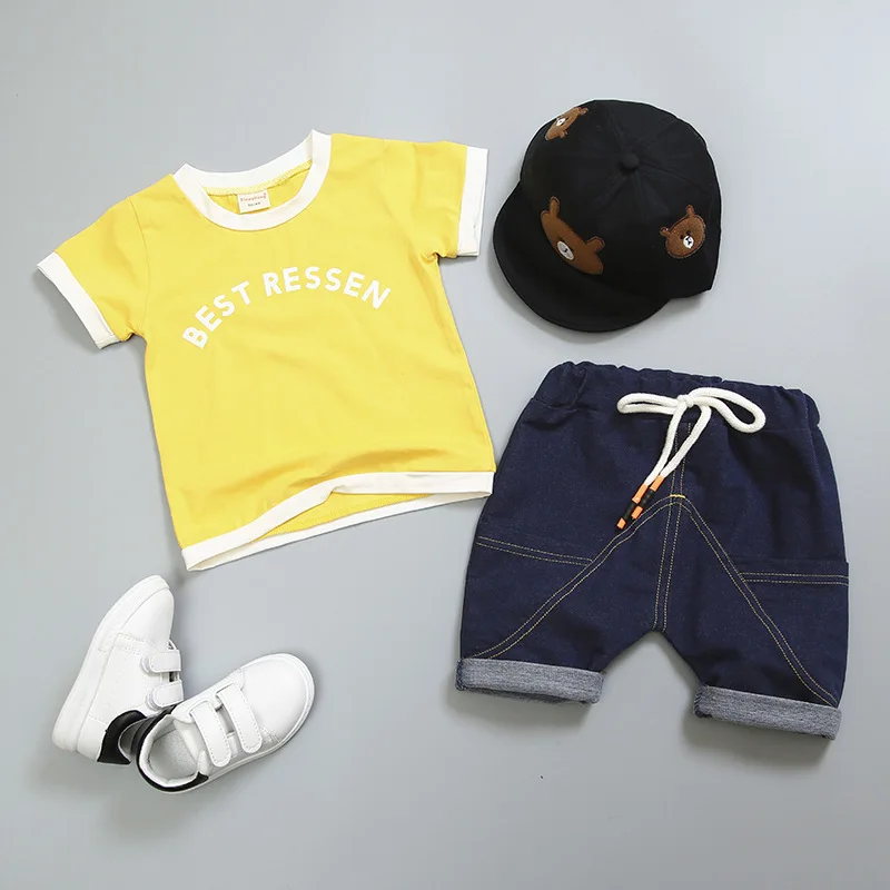Conjuntos de Roupas da Criança Fatos de Treino Moda Verão Crianças Meninos Meninas Roupas Algodão Carta Camiseta Curto 2 Pçs - Sets Infantil 9 Cheap Conjuntos de roupas