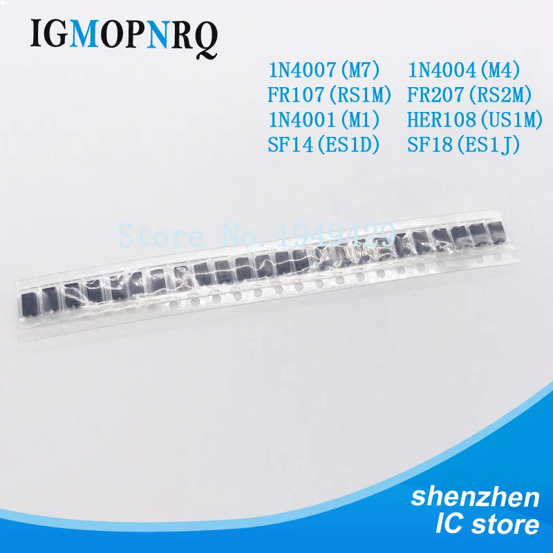 

100PCS 1N4001 M1 1N4004 M4 1N4007 M7 FR107 RS1M FR207 RS2M HER108 US1M SF18 ES1J SF14 ES1D DO-214AC SMA Rectifier diode