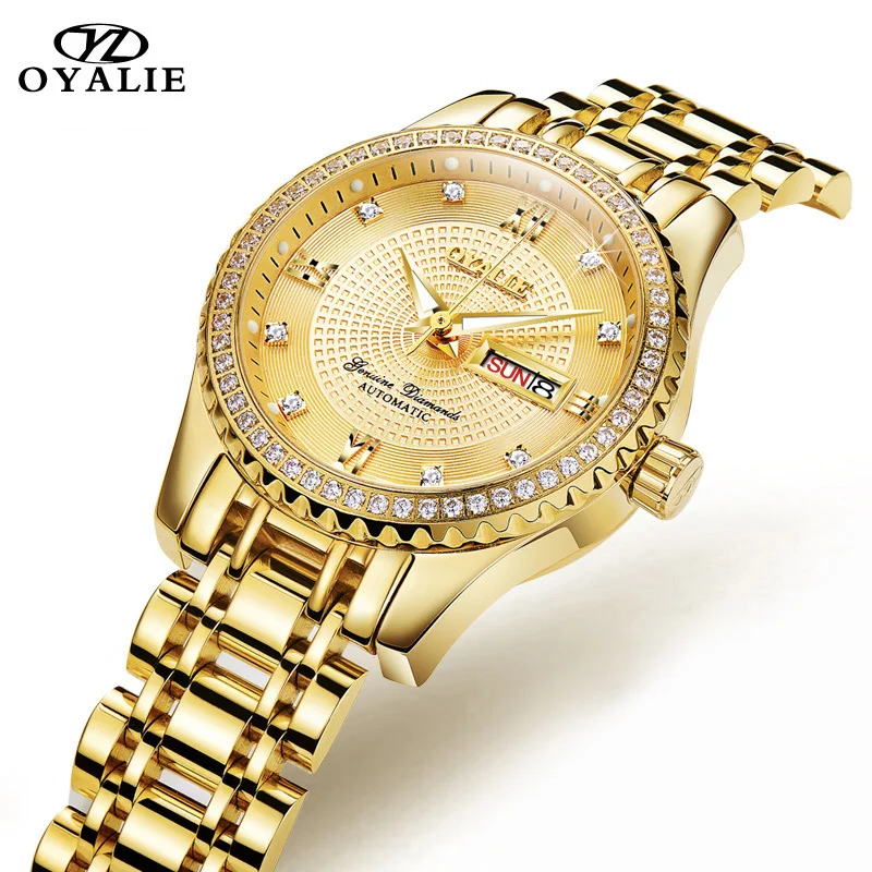 OYALIE Women Mechanical Wristwatch Top Brand Luxury Diamond Dial Gold Watches Week Date Steel Strap Ladies Bracelet Watch 9757
