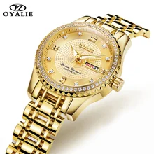 OYALIE Women Mechanical Wristwatch Top Brand Luxury Diamond Dial Gold Watches Week Date Steel Strap Ladies Bracelet Watch 9757