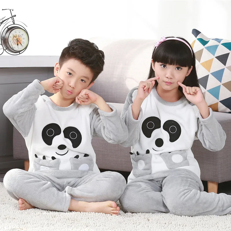 

2pcs Panda Gray Winter/Autumn Children Warm Thick Soft Flannel Pajamas Suit Boys/Girls Cartoon Home Sleepwear Set Indoor Clothes