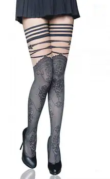

Grey Thigh High Stockings - Women Sexy Hold Up Elastic Striped Top Sheer Printed Stocking