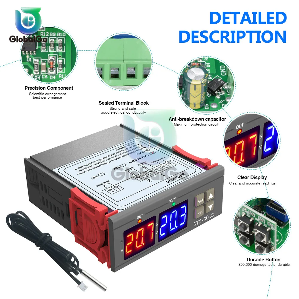 STC-3018 двойной цифровой переключатель температуры 12 В 24 в 110 В 220 В терморегулятор Термостат C/F для инкубатора реле