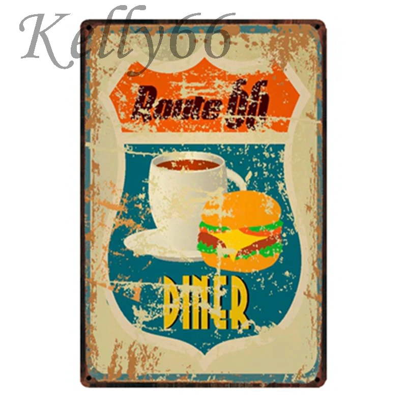 [ Kelly66 ]Route 66 Diner coffee Burger Metal Sign Tin Poster Home Decor Bar Wall Art Painting 20*30 CM Size y-1705