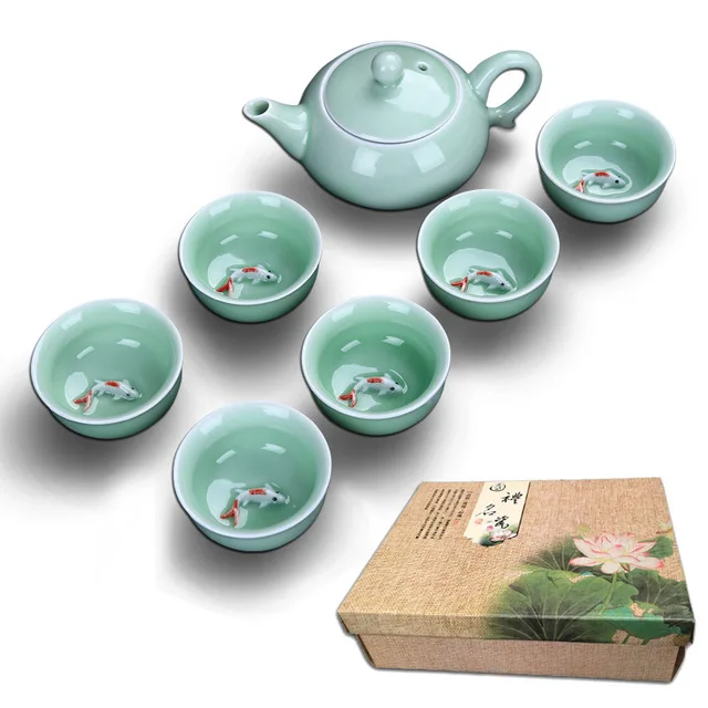 Hand-painted celadon fish cup tea gift Dehua kungfu teapot set ceramic carp | Дом и сад