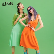 Женские свободные платья на бретельках ELF SACK, платье сплошного цвета с V-образным вырезом, женские уличные пляжные платья А-силуэта для весны и лета