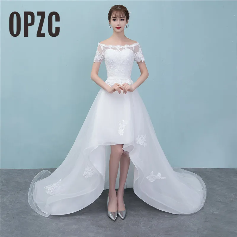 

OPZC Hot Sale 2018 High/Low Chapel Train Wedding Dresses Sexy Bust Out Vestidos De Noiva Elegant Yarn Skirt Ball Gowns