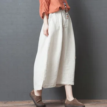 

Mferlier Summer Chic Womens Skirts Lace Up Elastic Waist Pockets Solid Loose Split Hem Female Vintage A Line Skirt