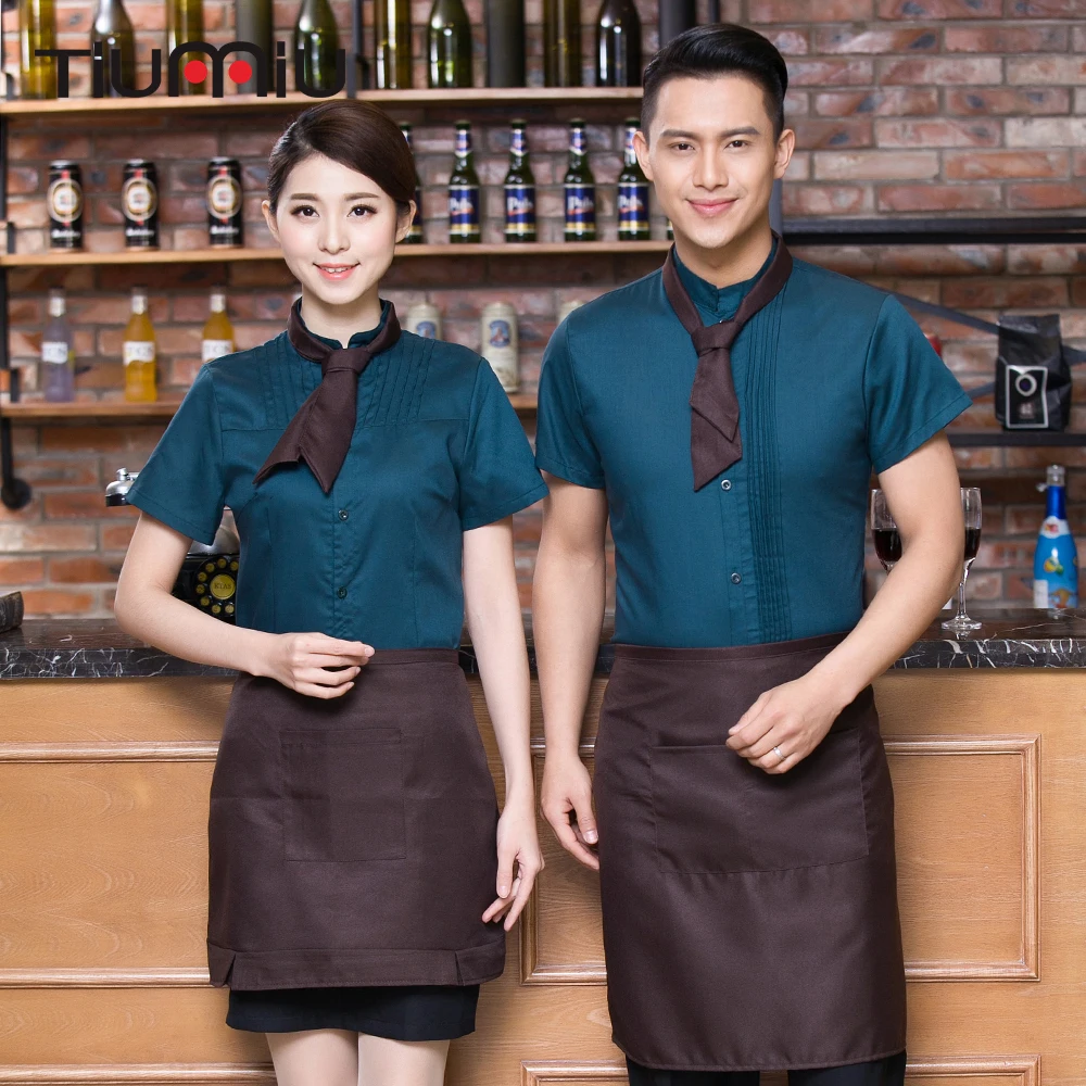 

2018 New Arrival Waiter Uniforms Summer Short-sleeved Western Restaurant Hotel Cafe Hot Pot Waitress Food Service Shirt with Tie