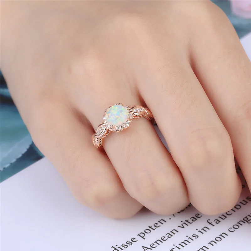 

BOAKO Crystal Rings For Women Opal Ring Rose Gold Gem Stone Ring Wedding Party Jewelry Colorful Rainbow Promise Ring Bridal Z4