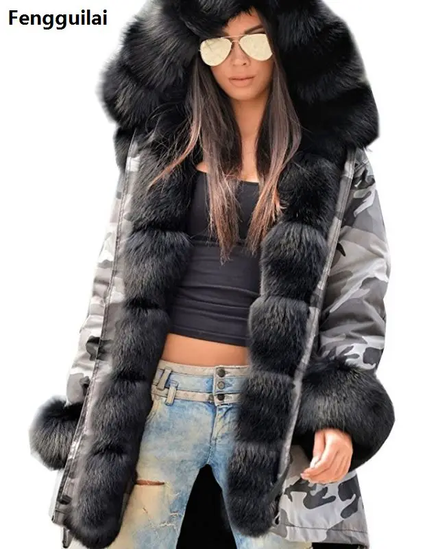 Cena Futro europejski amerykański długi kaptur kurtka do kamuflażu jesienno zimowa moda w stylu nowa kurtka z charakterem Slim ciepły płaszcz damski