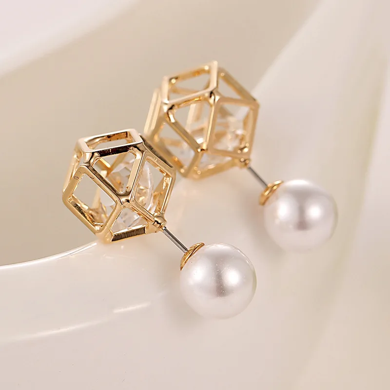 2015 New Ladies Golden Double Sided Pearl Balls Stud Earring Women