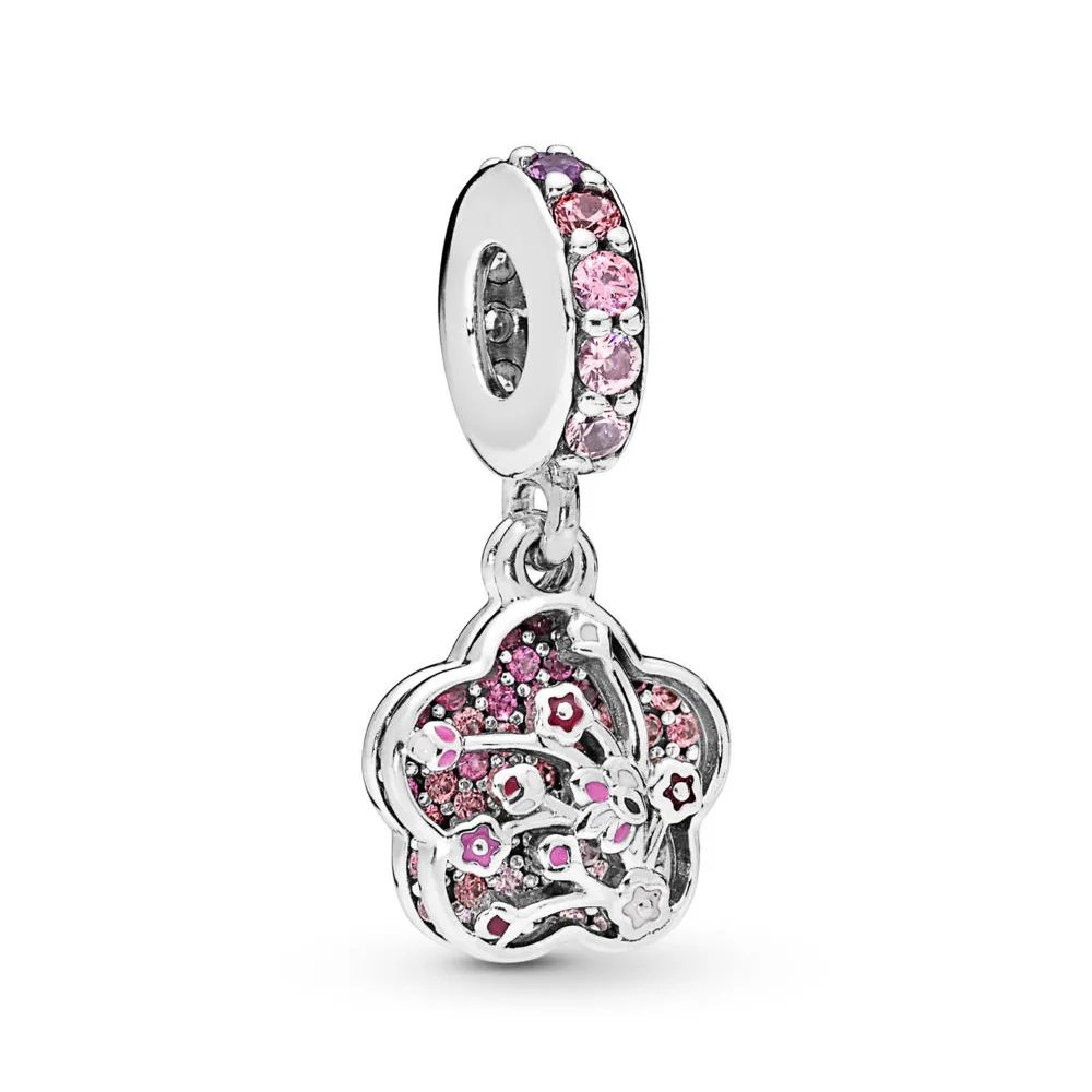 

2019 Real 925 Sterling Silver Bead Peach Blossoms Flower Pendant Charm Fit Original Women Pandora Bangle Bracelet DIY Jewelry