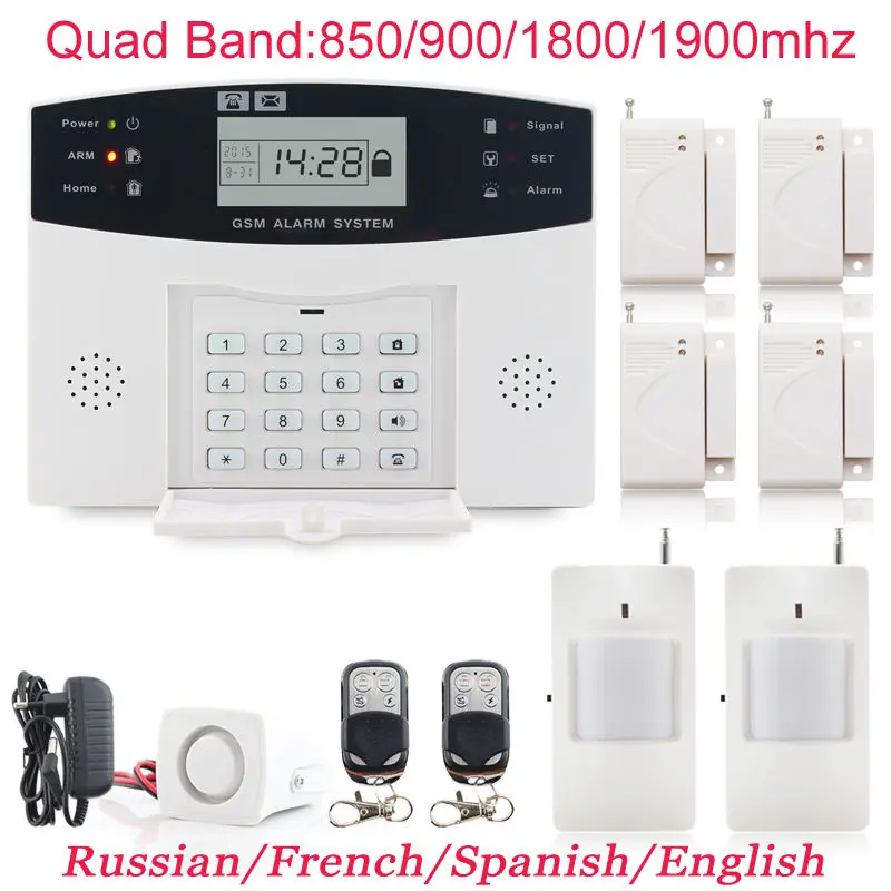 

433MHZ 4pcs door sensors LCD Display Metal Remote Control Home Security GSM Alarm systems Wired Siren Voice Prompt