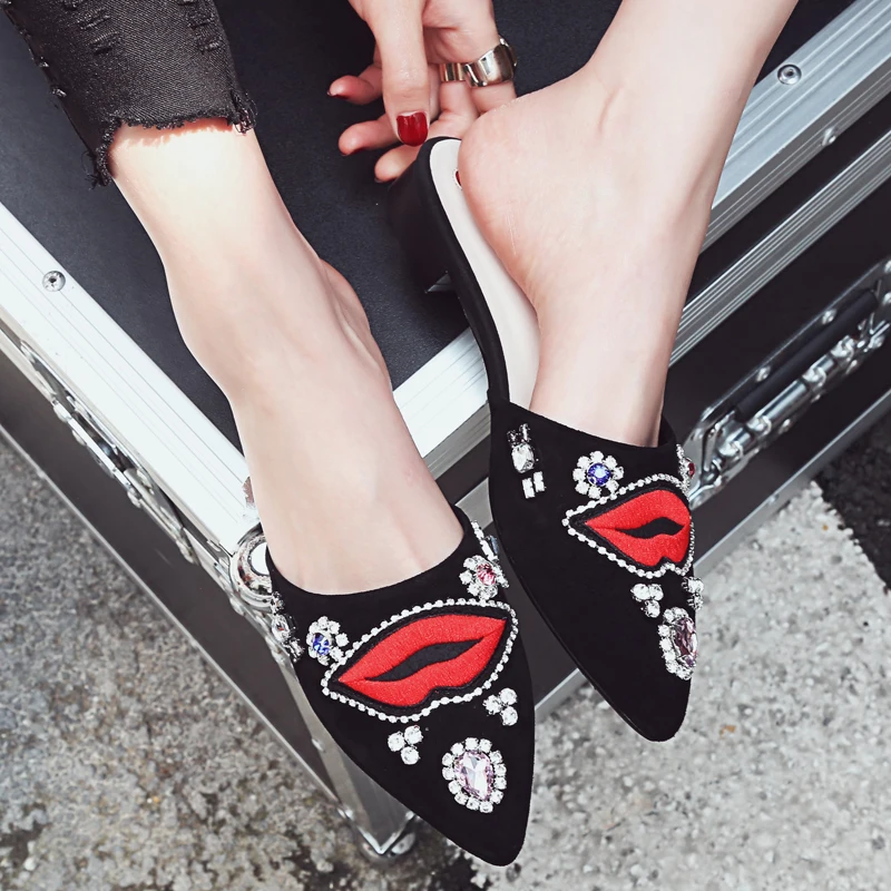 

Women's Genuine Suede Leather Rhinestones Lips Slip-on Sandals Brand Designer Pointed Toe Slingback Flats Summer Shoes for Women