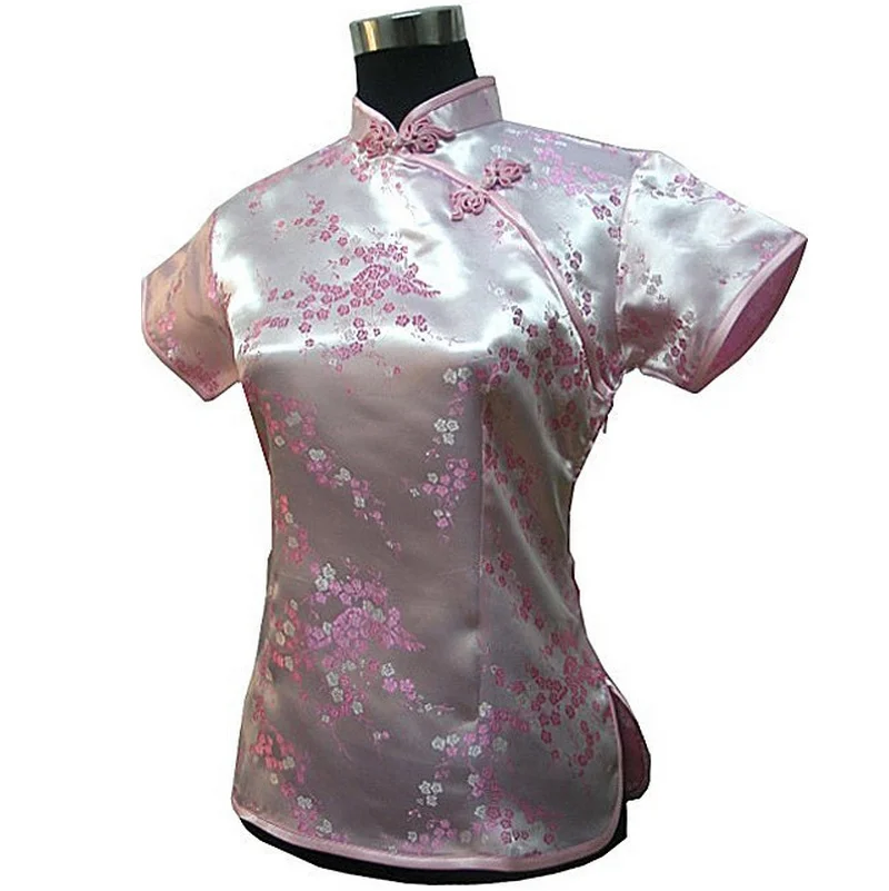 Hot Sale Light Purple Traditional Chinese Women's Shirt Tops Mujeres Camisa Summer Satin Blouse Flower Size S M L XL XXL A0030
