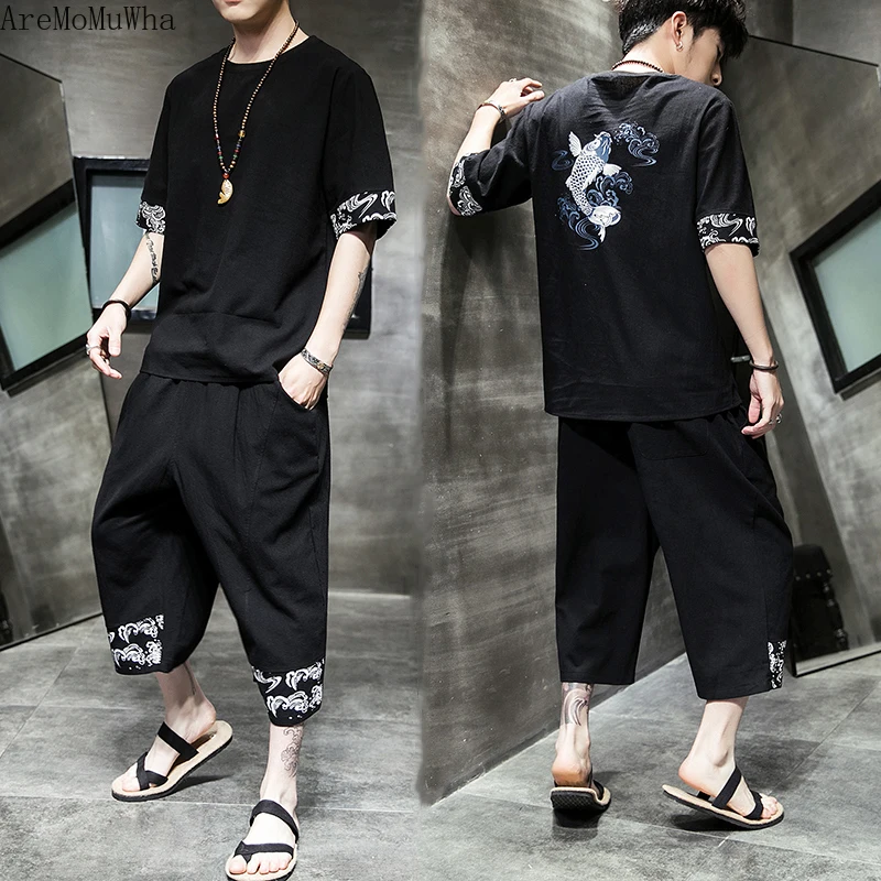 

AreMoMuWha 2019 Summer New Printed Cotton and Linen Two-piece T-shirt Men's Large Size Casual Cropped Trousers Sweat Sets QX1019