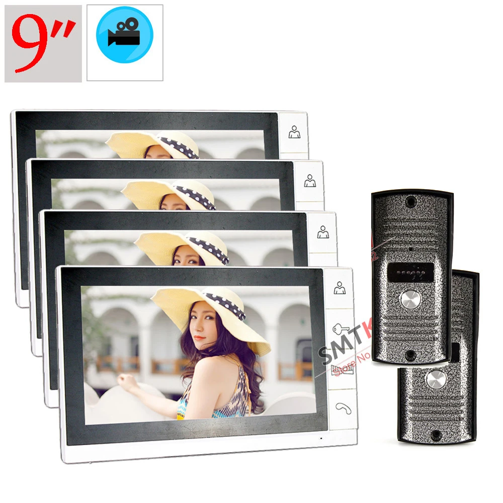 

4 indoor monitor + 2 outdoor camera 9 inch video doorphone intercom system recording monitor
