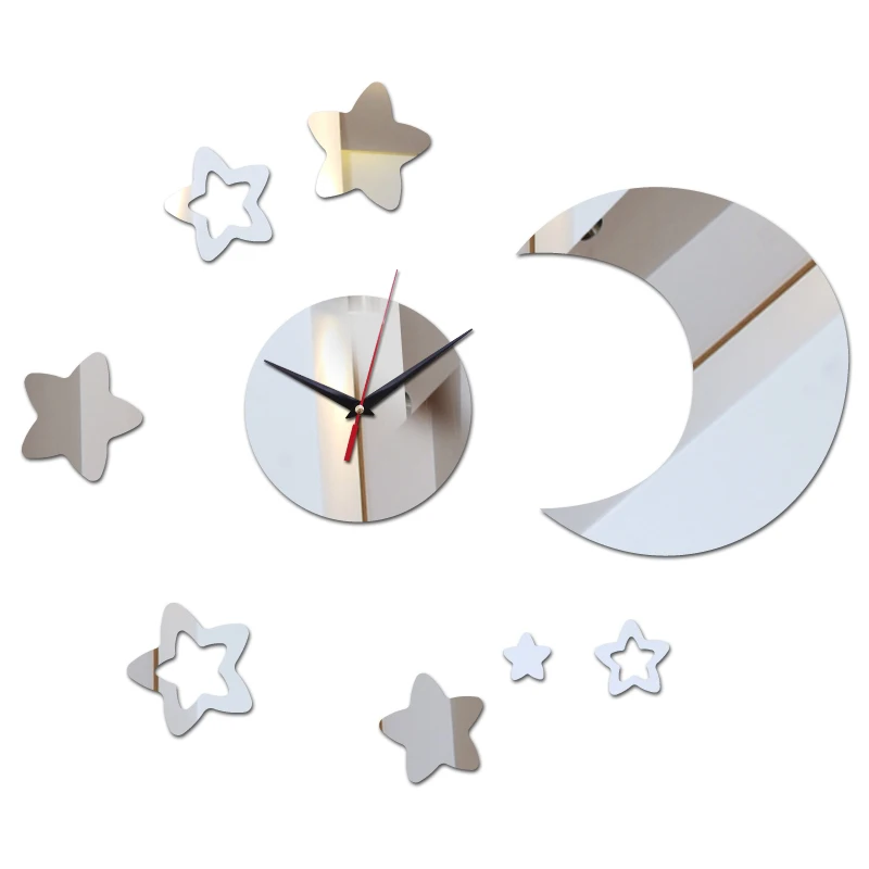 

new fashion diy wall clock Clocks Home Decoration Acrylic 3d Mirror stickers modern living room moon and star