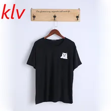 KLV 2017 Women Summer Style T Shirt Print Middle Finger Pocket Cat Harajuku O-neck Short Sleeve Cotton Couple Tee