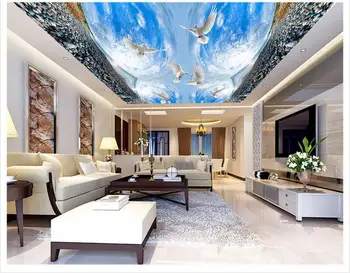 

custom photo wallpaper 3d ceiling murals wallpaper blue sky and white clouds of birds stone ceiling frescoes home decoration