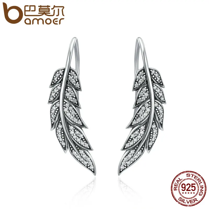 BAMOER Authentic 925 Sterling Silver Vintage Feather Wings Long Drop Earrings For Women Sterling Silver Jewelry