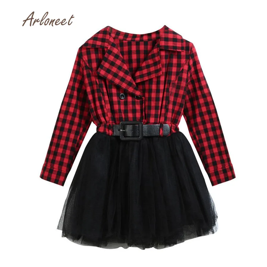 Новые модные Одежда для маленьких девочек с длинным рукавом плед лоскутное праздничное платье принцессы Прямая поставка nov6