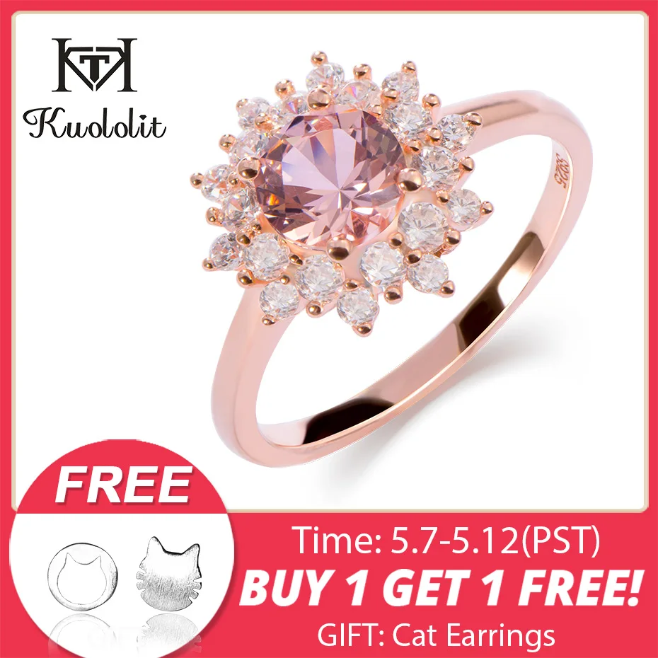 

Kuololit Morganite Gemstone Rings for Women 925 Sterling Silver Round Cut Created Stone Rose Gold Ring Wedding Gift Fine Jewelry
