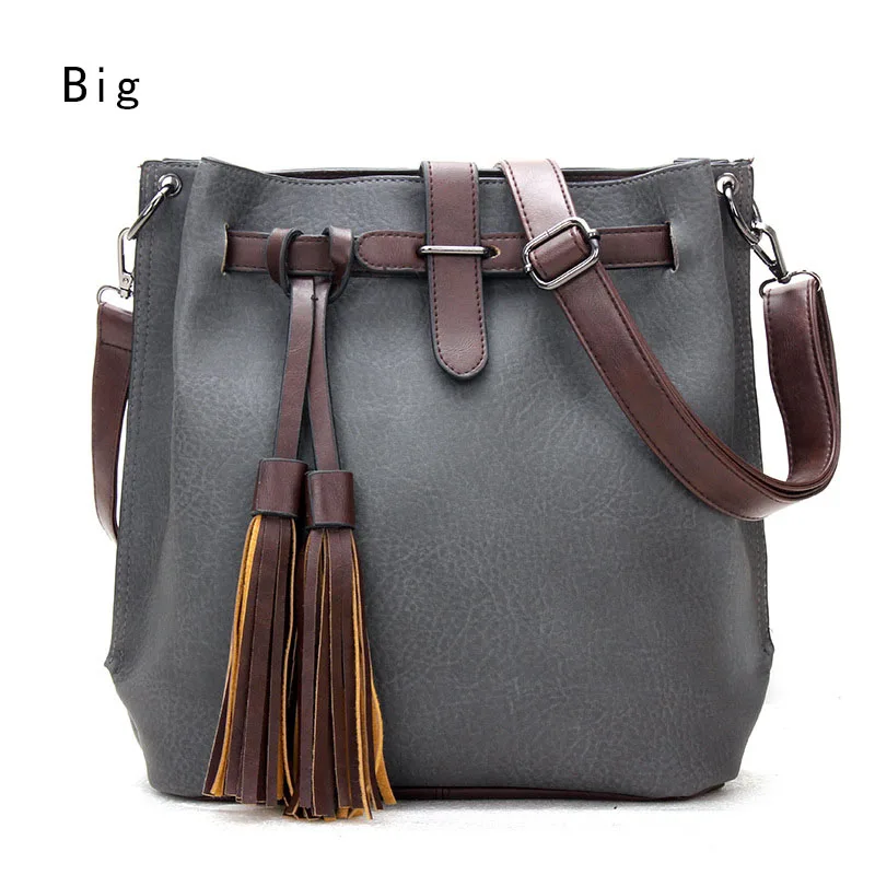 Mara's Dream, винтажная женская сумка из искусственной кожи, новая сумка-мессенджер с кисточками, одноцветная Сумка-тоут, Женская вместительная сумка через плечо - Цвет: E Gray Big