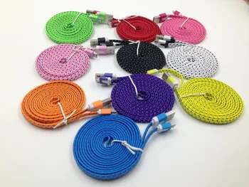 

500pcs Braided Wire noodle flat Micro USB Cable 2M 6ft Sync Nylon Woven V8 Charger cable for Samsung Galaxy S7 S6 S5 S4