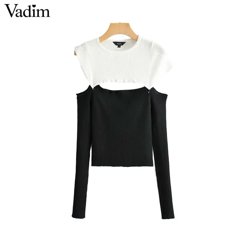 

Vadim women knitted patchwork backless sweater long sleeve off shoulder contrast color sexy pullovers female chic tops HA388