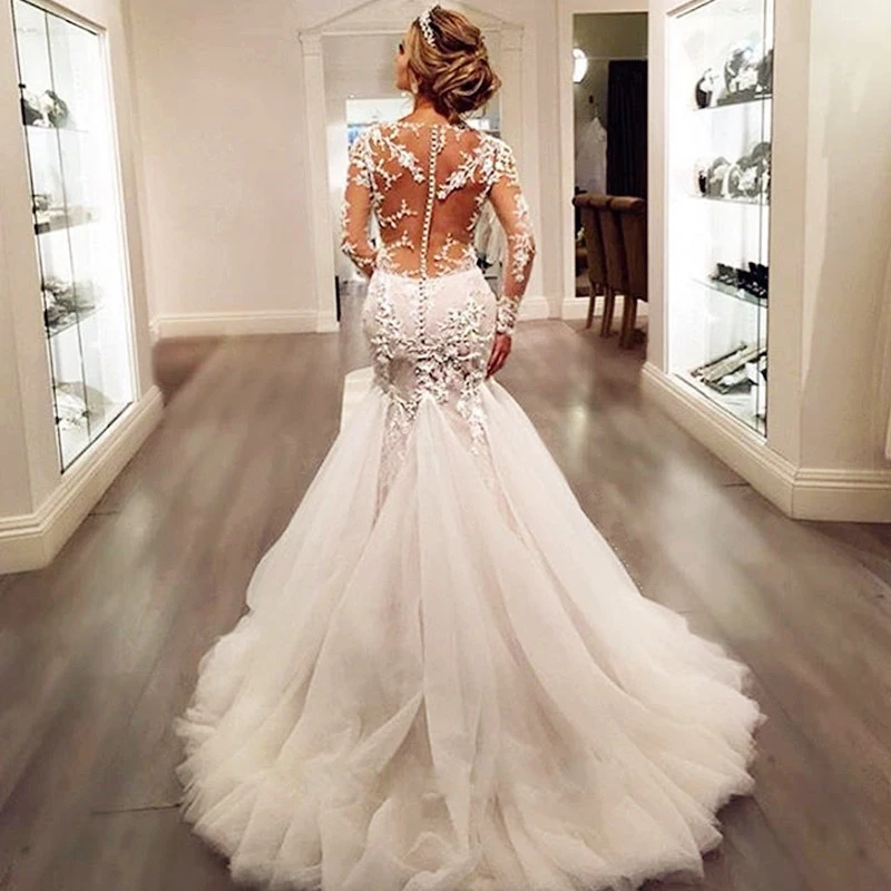 

Elegant Sheer Lace Appliques Long Sleeves Mermaid Wedding Dresses Vintage Abito Da Sposa Bride Gown Custom Made