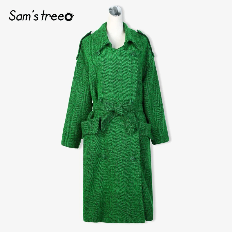 Samstree New Winter Vogue Women Wool Coat Oversize Long Double-Breasted Belt Turn-down Collar Pocket Outwear Coat Over Size