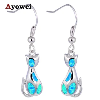 

Appealing Cat Design Blue Fire Opal stamp Silver Dangle Earrings Fashion Jewelry Opal Jewelry OE551A