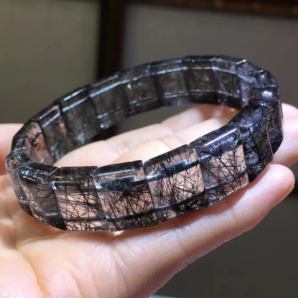 

Genuine Natural Black Rutilated Quartz Crystal Women Men 14x10mm Rectangle Beads Wealthy Stone Bracelet From Brazil AAAAA