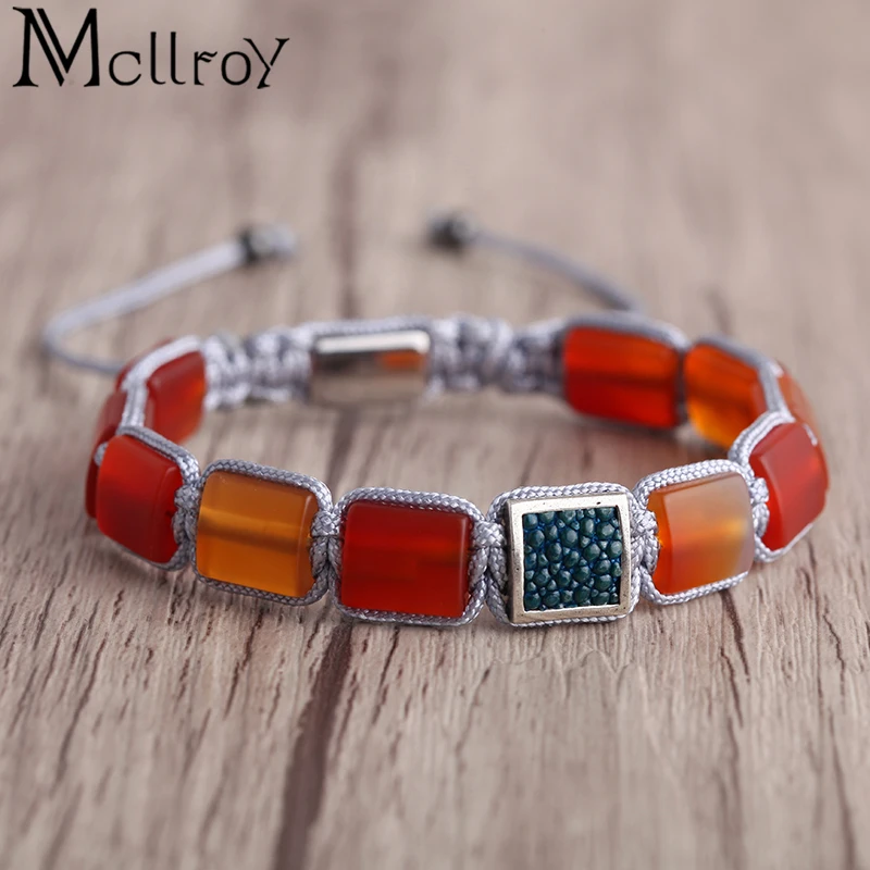 

Mcllory charm bracelets men natural square stone copper inlay snake stingray leather braided bracelets punk bracciale uomo gift