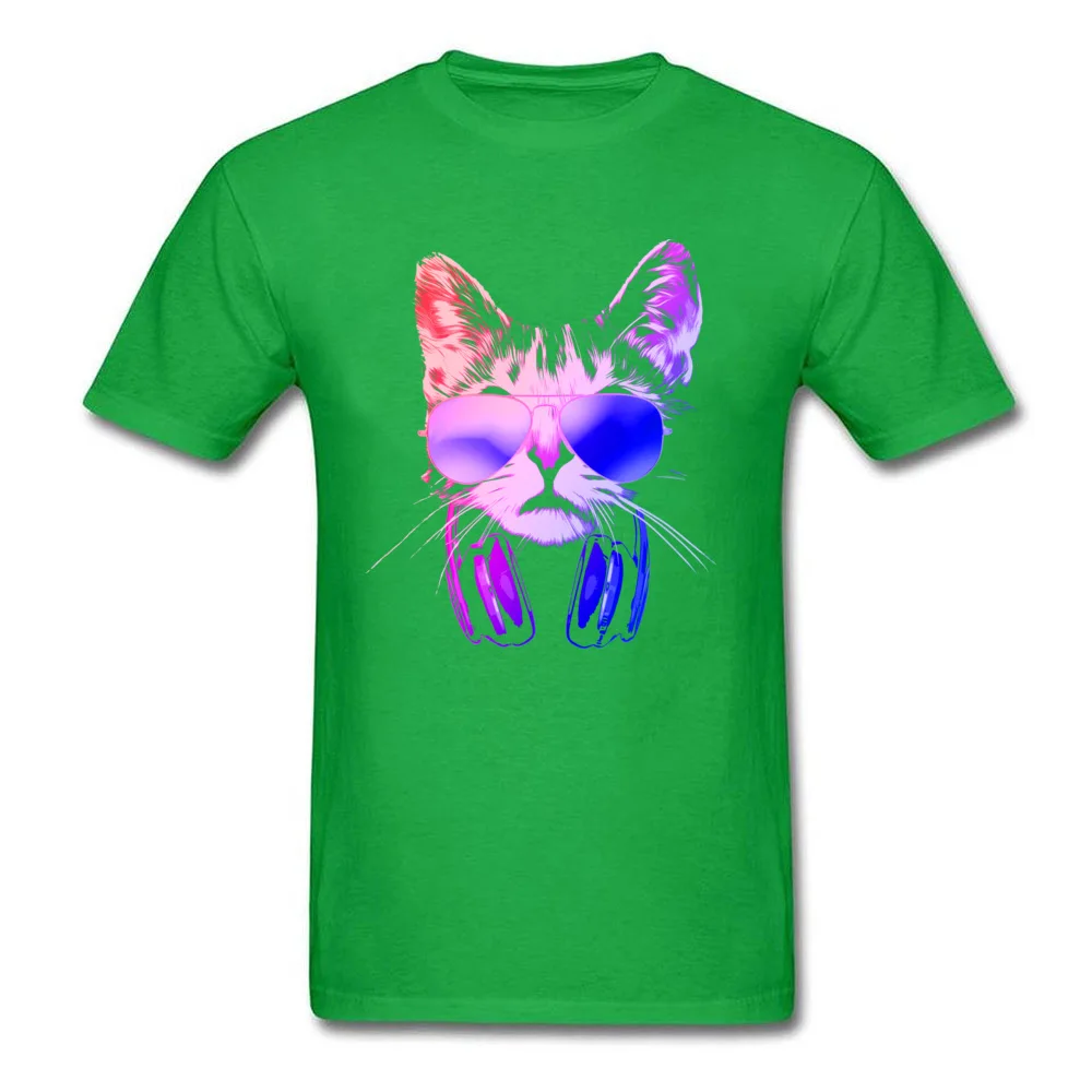 Adult 2018 Tops Shirt Crew Neck Mother Day 100% Cotton Fabric T Shirt Casual Short Sleeve Cool Neon DJ Cat Clothing Shirt Cool Neon DJ Cat green