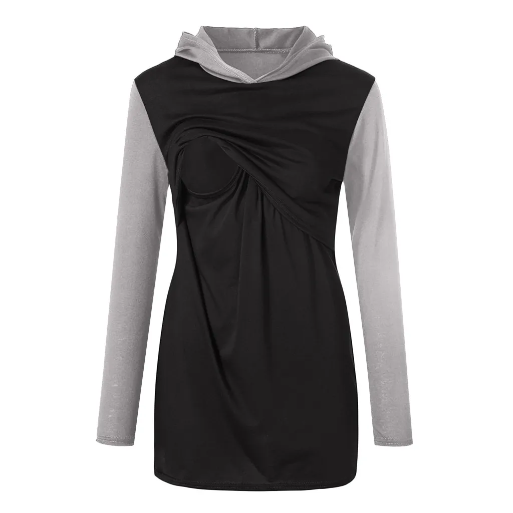 SAGACE блузка рубашка с длинными рукавами в стиле пэчворк Повседневный Топ с капюшоном для грудного вскармливания топы из полиэстера для грудного вскармливания осень-зима