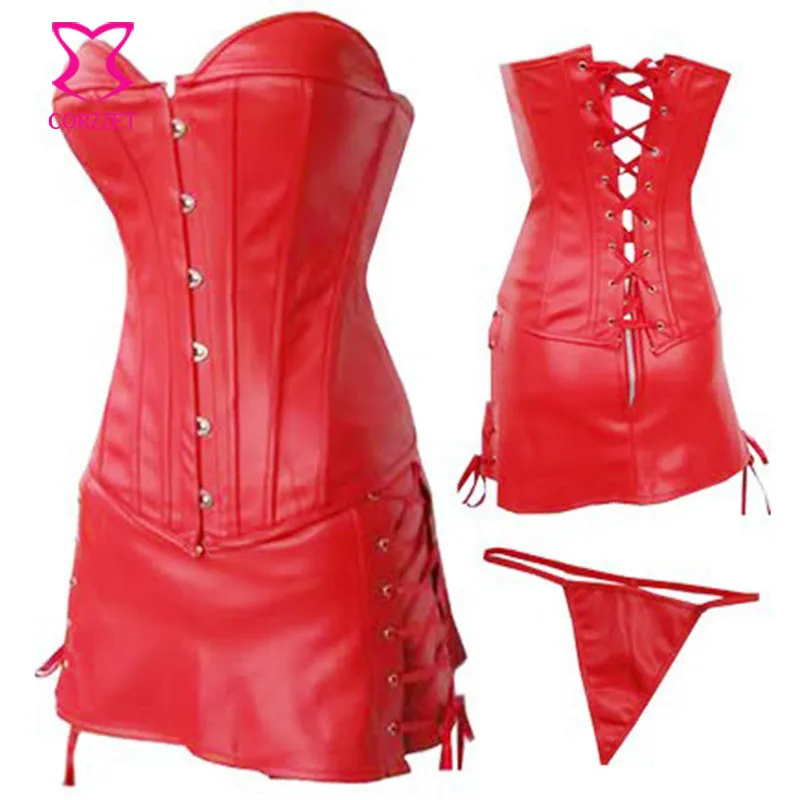 Красный Искусственная кожа корсет платья Бурлеск бюстье с юбкой комплект сексуальные корсеты и бюстье наряд Для женщин панк Рейв