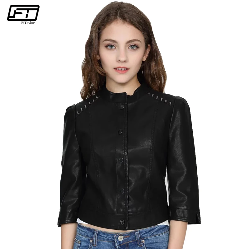 Fitaylor Blouson Moto Casual Slim Black Faux Leather Jacket font b Women b font 2017 Biker