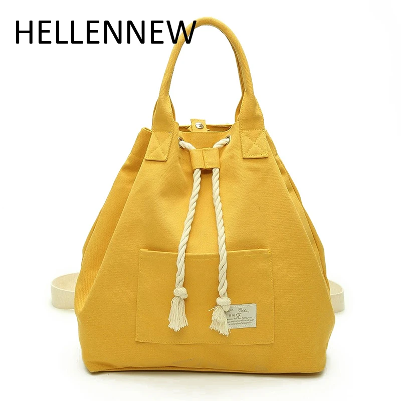 Hellennew Bucket Canvas School Backpacking Backpack Solid Candy Color Drawstring Fresh Style Knapsack Bags for University