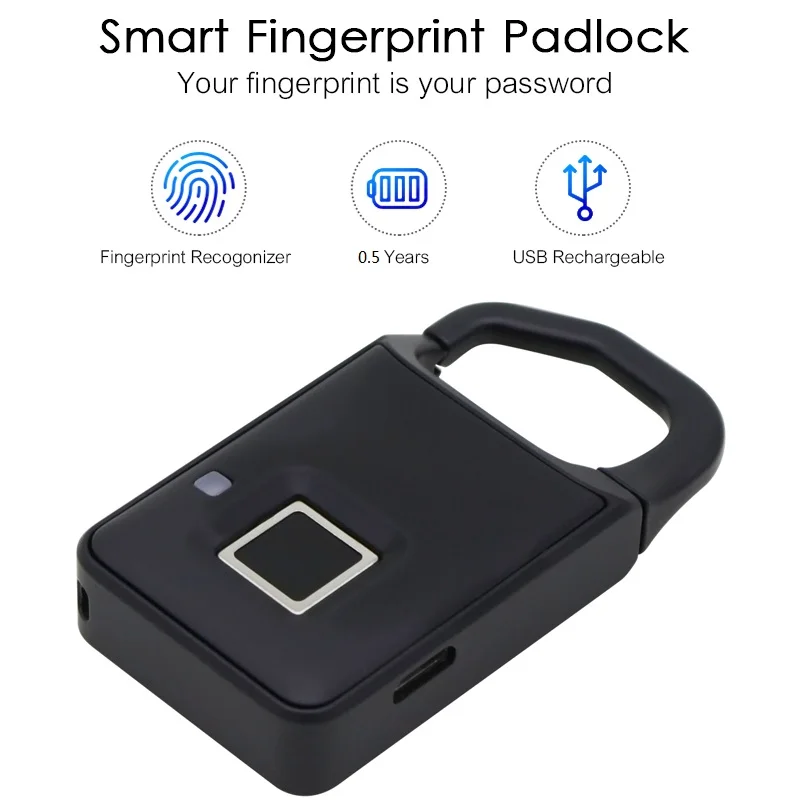 

USB Rechargeable Smart Lock Keyless Fingerprint Lock IP66 Waterproof Anti-Theft Security Padlock Door Luggage Case Lock