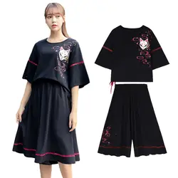 В японском стиле, футболка с рисунком лисы, с принтом, женская футболка с коротким рукавом, черная летняя футболка, одежда, футболка