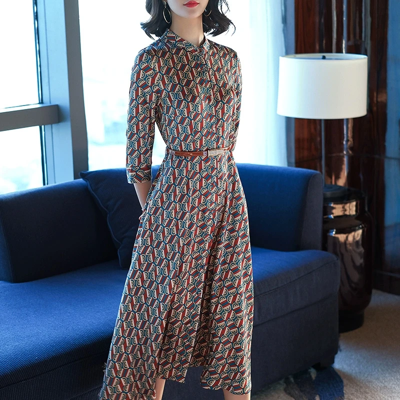 

Fashion Ladies Geometric Printed 2019 New Spring Dress Women Graceful Long Dresses Female Work Office Ladies Party Dresses SL028