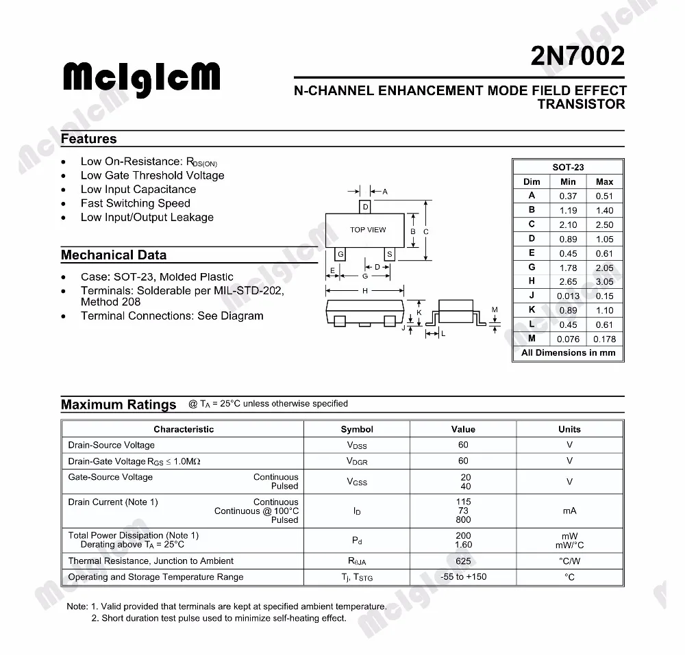 MCIGICM 2N7002 SMD,100pcs 60V 115mA Triode Transistor smd 2N7002 SOT-23 MOSFET N-CHANNEL