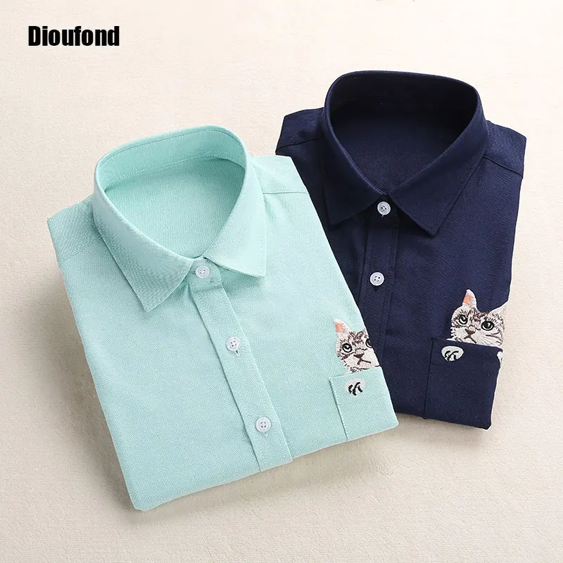 

Dioufond Cat Embroidery Long Sleeve Women Blouses And Shirts White Blue Female Ladies Casual Shirt Tops Plus Size Blusas Blouse