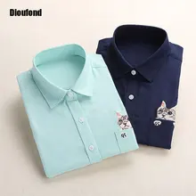 Dioufond Cat Embroidery Long Sleeve Women Blouses And Shirts White Blue Female Ladies Casual Shirt Tops