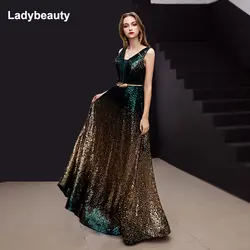 Ladybeauty 2019 Новое прибытие градиент блестящее вечернее платье без рукавов с v-образным вырезом Простые Вечерние платья Длинные вечерние